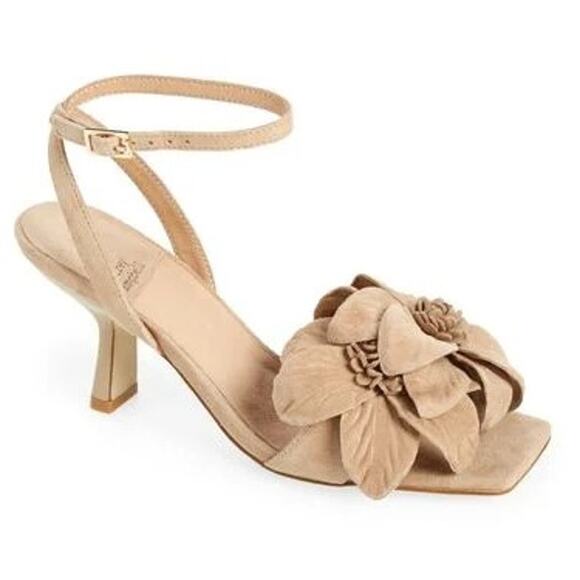 JEFFREY CAMPBELL Honolulu Nude Tan Floral Suede Ankle Strap Sandals kitten heel - Picture 1 of 8